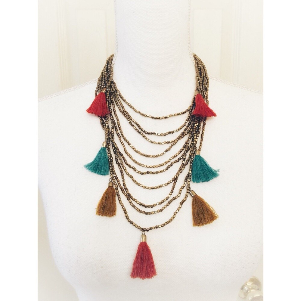 World Market Multistrand Beaded Tassels Necklace Boho